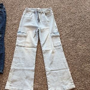 Women's Light Blue Flare Cargo Jeans